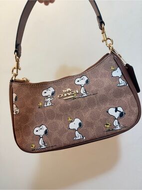 Coach Brown Snoopy Print Leather Shoulder Bag with Gold Hardware